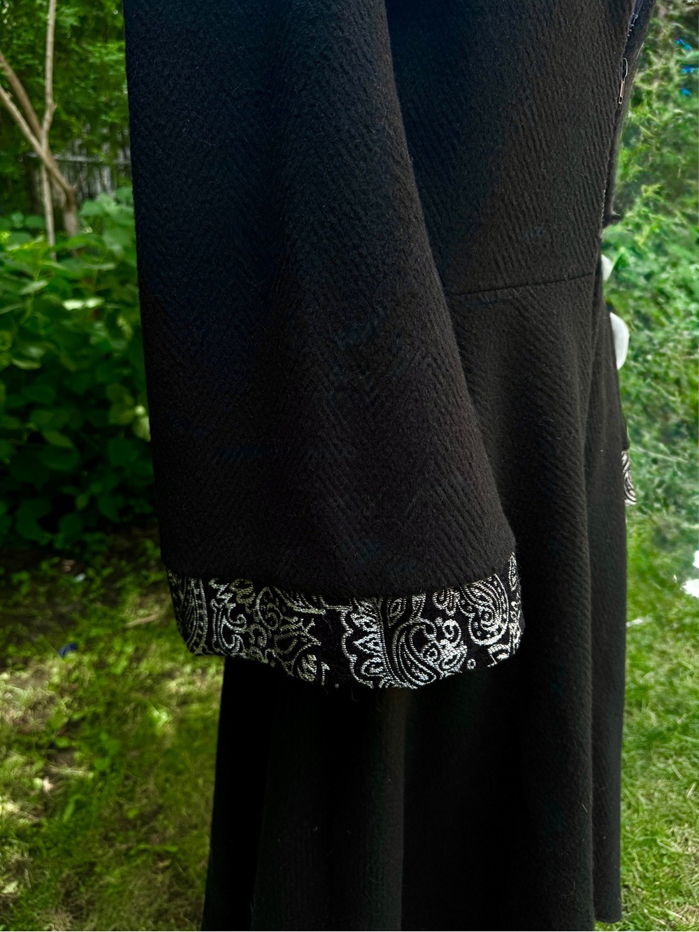 One of a kind Gothic Black wool Hooded Zip-Front Coat with Printed Trim - Picture 3 of 9